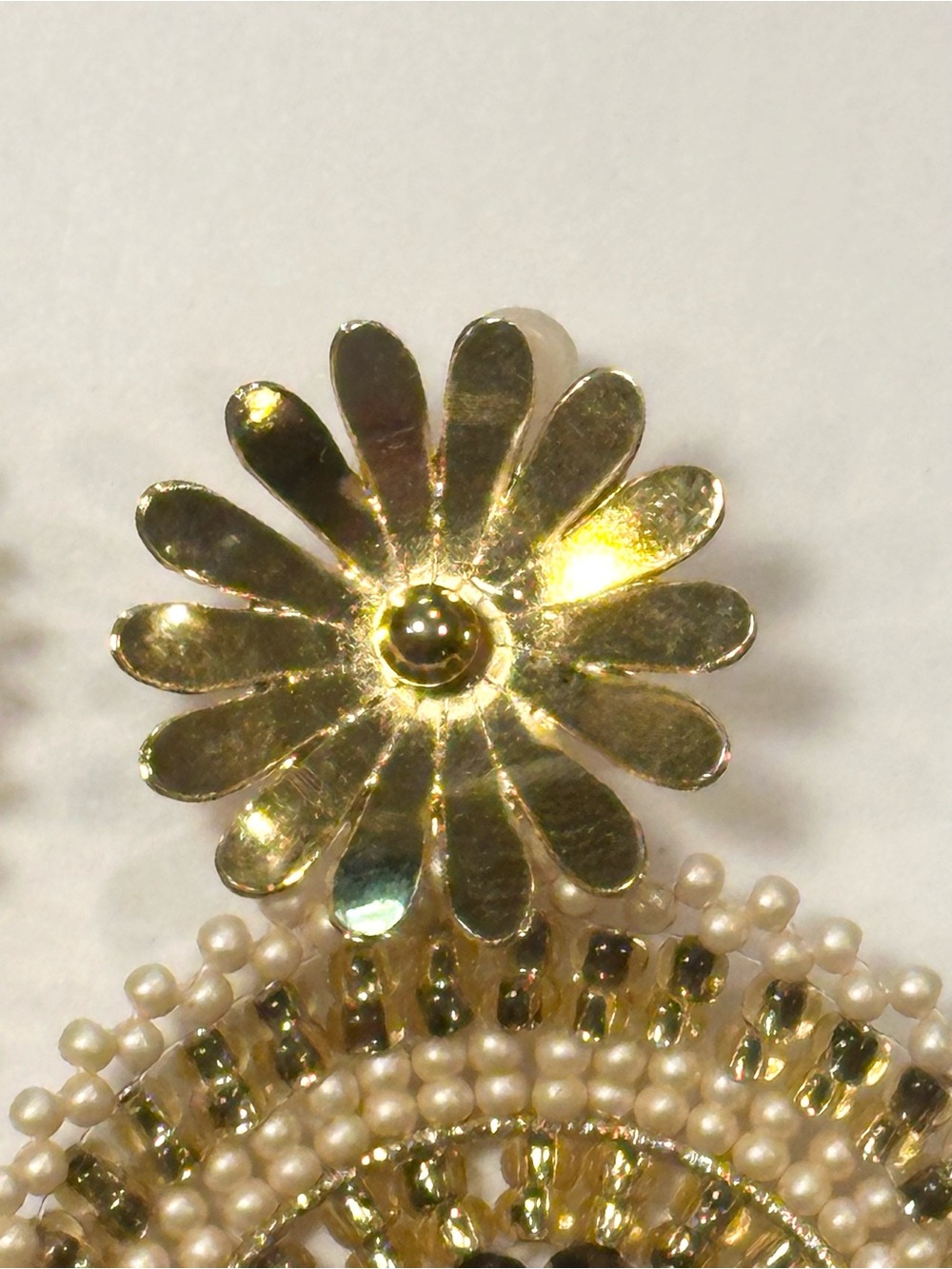 Gold Floral Beaded Statement Earrings Cream & Smoky Brown - Picture 3 of 6
